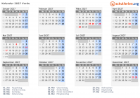 Kalender 2027 mit Ferien und Feiertagen Varde