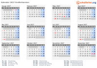 Kalender 2027 mit Ferien und Feiertagen Großbritannien