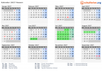 Kalender 2027 mit Ferien und Feiertagen Hessen