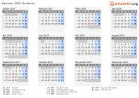 Kalender 2027 mit Ferien und Feiertagen Honduras