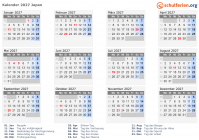 Kalender 2027 mit Ferien und Feiertagen Japan