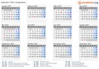 Kalender 2027 mit Ferien und Feiertagen Kirgisistan