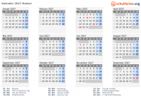 Kalender 2027 mit Ferien und Feiertagen Malawi