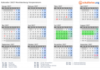 Kalender 2027 mit Ferien und Feiertagen Mecklenburg-Vorpommern