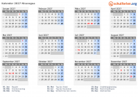 Kalender 2027 mit Ferien und Feiertagen Nicaragua