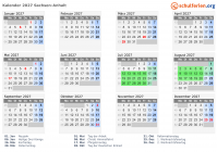 Kalender 2027 mit Ferien und Feiertagen Sachsen-Anhalt