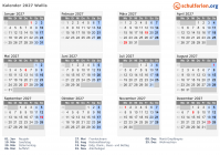 Kalender 2027 mit Ferien und Feiertagen Wallis
