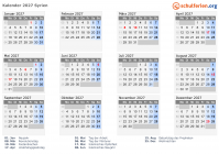 Kalender 2027 mit Ferien und Feiertagen Syrien