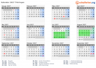 Kalender 2027 mit Ferien und Feiertagen Thüringen