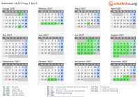 Kalender 2027 mit Ferien und Feiertagen Prag 1 bis 5