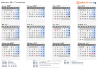 Kalender 2027 mit Ferien und Feiertagen Tschechien