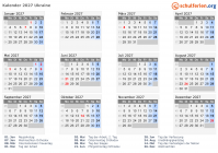 Kalender 2027 mit Ferien und Feiertagen Ukraine