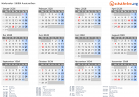 Kalender 2028 mit Ferien und Feiertagen Australien