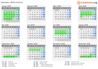 Kalender 2028 mit Ferien und Feiertagen Victoria