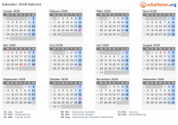 Kalender 2028 mit Ferien und Feiertagen Bahrain