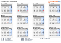 Kalender 2028 mit Ferien und Feiertagen Bangladesch