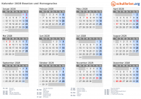 Kalender 2028 mit Ferien und Feiertagen Bosnien und Herzegowina