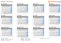 Kalender 2028 mit Ferien und Feiertagen China