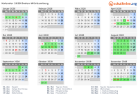 Kalender 2028 mit Ferien und Feiertagen Baden-Württemberg