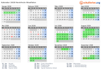 Kalender 2028 mit Ferien und Feiertagen Nordrhein-Westfalen