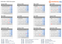 Kalender 2028 mit Ferien und Feiertagen Georgien