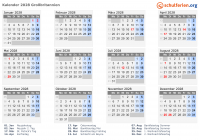 Kalender 2028 mit Ferien und Feiertagen Großbritannien