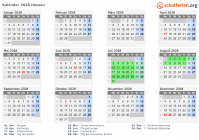 Kalender 2028 mit Ferien und Feiertagen Hessen