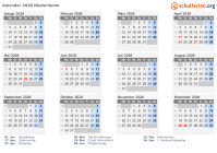 Kalender 2028 mit Ferien und Feiertagen Niederlande