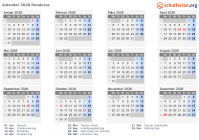 Kalender 2028 mit Ferien und Feiertagen Honduras