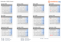 Kalender 2028 mit Ferien und Feiertagen Irland