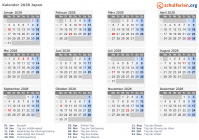 Kalender 2028 mit Ferien und Feiertagen Japan