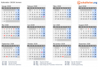 Kalender 2028 mit Ferien und Feiertagen Jemen