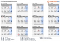 Kalender 2028 mit Ferien und Feiertagen Kambodscha