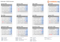 Kalender 2028 mit Ferien und Feiertagen Kanada