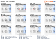Kalender 2028 mit Ferien und Feiertagen Kirgisistan