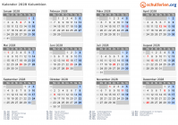 Kalender 2028 mit Ferien und Feiertagen Kolumbien