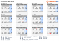 Kalender 2028 mit Ferien und Feiertagen Kroatien