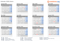 Kalender 2028 mit Ferien und Feiertagen Liberia
