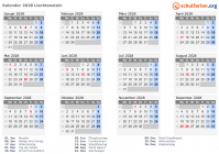 Kalender 2028 mit Ferien und Feiertagen Liechtenstein