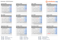 Kalender 2028 mit Ferien und Feiertagen Malawi