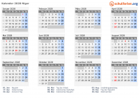 Kalender 2028 mit Ferien und Feiertagen Niger