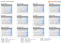 Kalender 2028 mit Ferien und Feiertagen Sambia