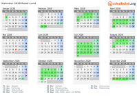 Kalender 2028 mit Ferien und Feiertagen Basel-Land