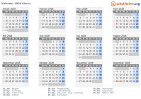 Kalender 2028 mit Ferien und Feiertagen Glarus