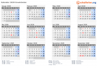Kalender 2028 mit Ferien und Feiertagen Graubünden