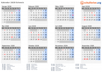 Kalender 2028 mit Ferien und Feiertagen Schweiz