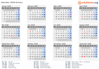 Kalender 2028 mit Ferien und Feiertagen Schwyz