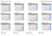 Kalender 2028 mit Ferien und Feiertagen Tessin