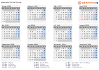 Kalender 2028 mit Ferien und Feiertagen Zürich