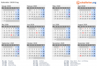 Kalender 2028 mit Ferien und Feiertagen Zug
